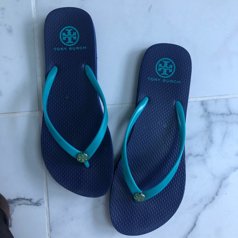 Tory Burch size 7/8 blue and green  logo Flip Flops